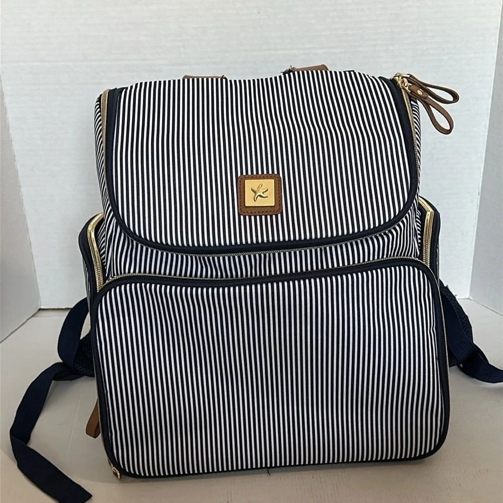 Bananafish breast pump/diaper backpack navy and white pin stripes